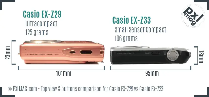Casio EX-Z29 vs Casio EX-Z33 top view buttons comparison