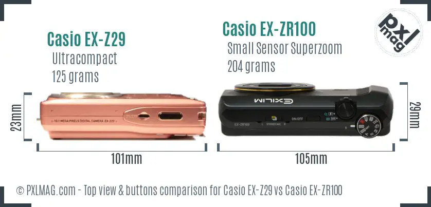 Casio EX-Z29 vs Casio EX-ZR100 top view buttons comparison