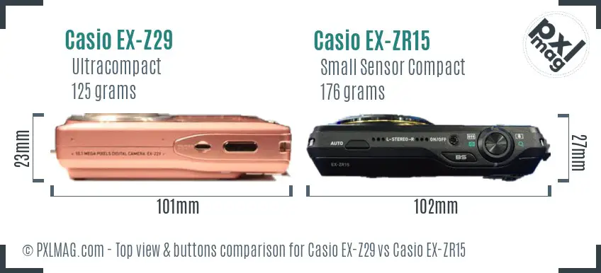 Casio EX-Z29 vs Casio EX-ZR15 top view buttons comparison