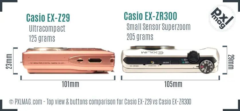 Casio EX-Z29 vs Casio EX-ZR300 top view buttons comparison