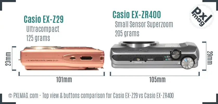 Casio EX-Z29 vs Casio EX-ZR400 top view buttons comparison