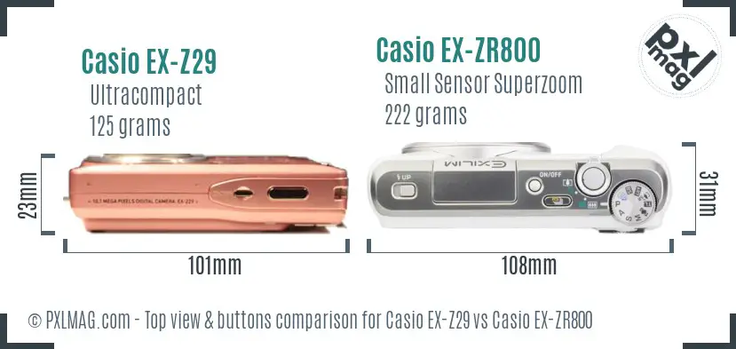 Casio EX-Z29 vs Casio EX-ZR800 top view buttons comparison