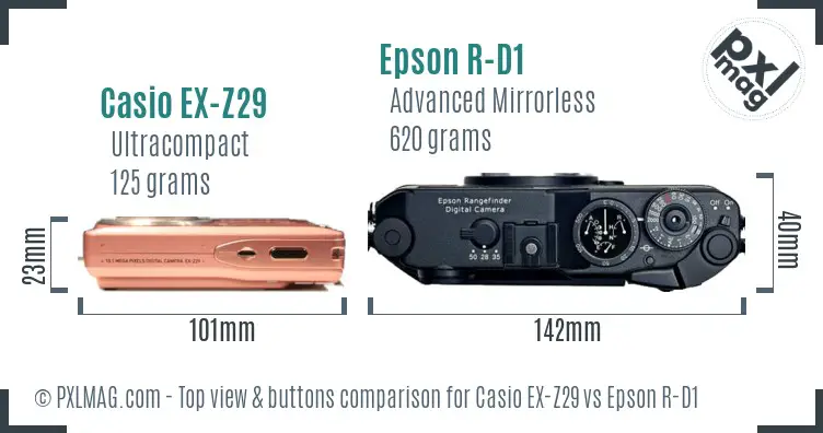 Casio EX-Z29 vs Epson R-D1 top view buttons comparison Casio EX-Z29 vs Epson R-D1 top view buttons comparison