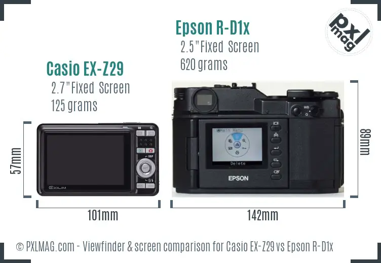 Casio EX-Z29 vs Epson R-D1x Screen and Viewfinder comparison