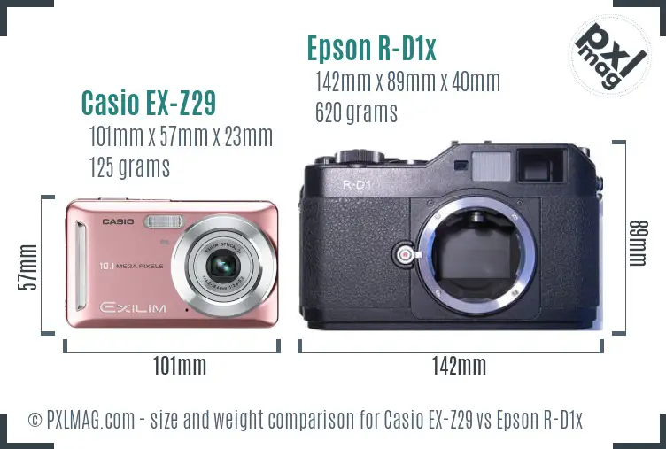 Casio EX-Z29 vs Epson R-D1x size comparison