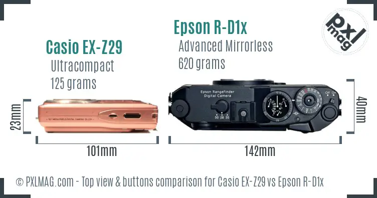 Casio EX-Z29 vs Epson R-D1x top view buttons comparison