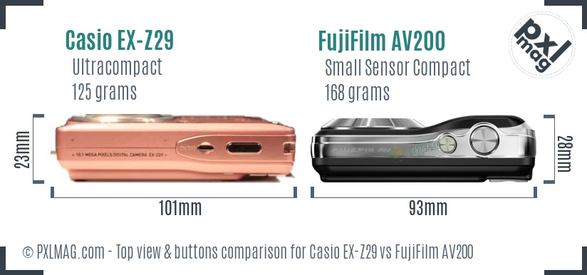 Casio EX-Z29 vs FujiFilm AV200 top view buttons comparison