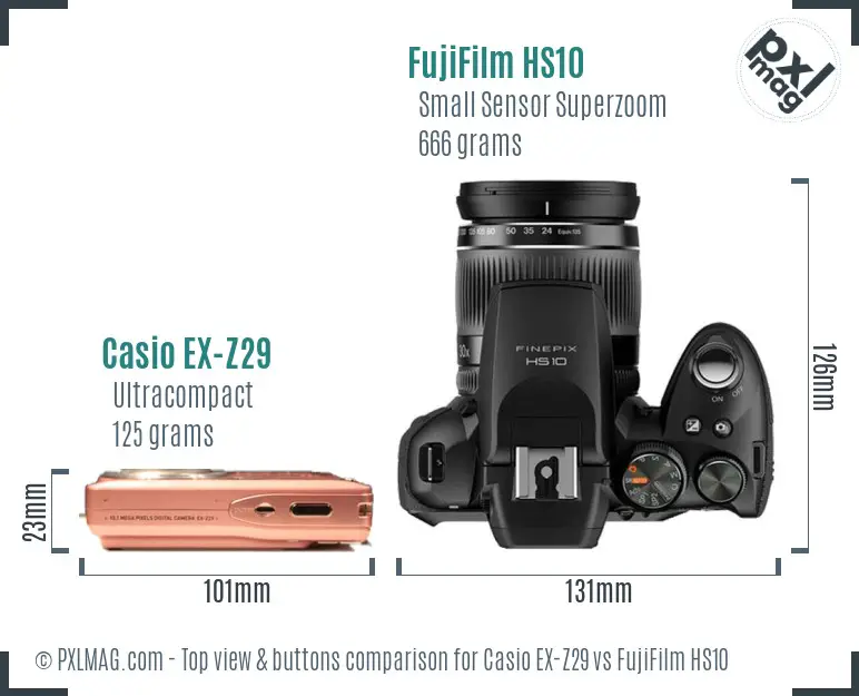 Casio EX-Z29 vs FujiFilm HS10 top view buttons comparison