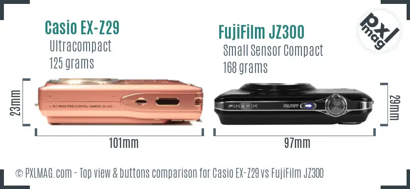 Casio EX-Z29 vs FujiFilm JZ300 top view buttons comparison Casio EX-Z29 vs FujiFilm JZ300 top view buttons comparison