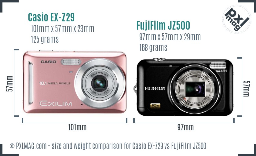 Casio EX-Z29 vs FujiFilm JZ500 size comparison