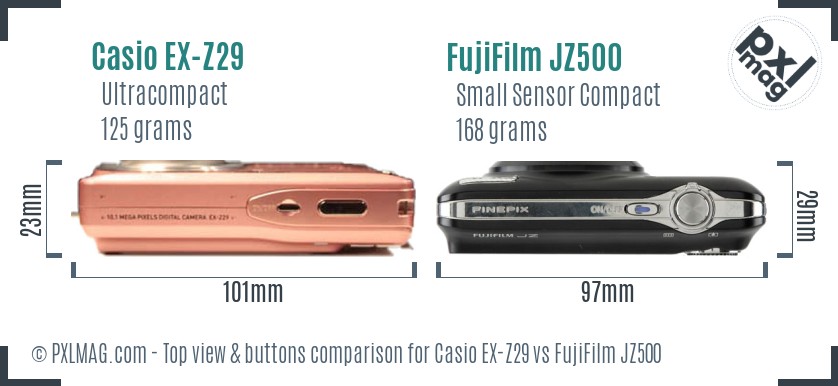 Casio EX-Z29 vs FujiFilm JZ500 top view buttons comparison