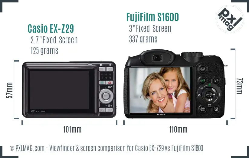 Casio EX-Z29 vs FujiFilm S1600 Screen and Viewfinder comparison