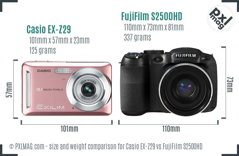 Physical size and ergonomics comparison between Casio EX-Z29 and FujiFilm FinePix S2500HD