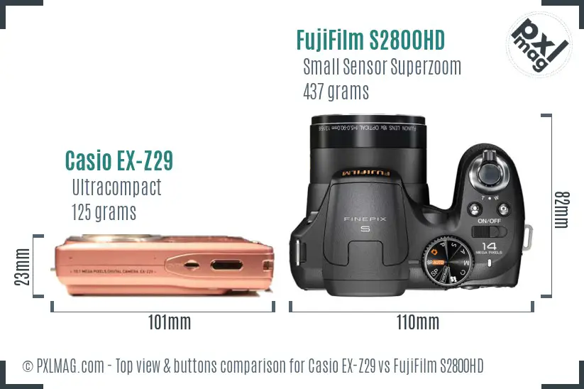 Casio EX-Z29 vs FujiFilm S2800HD top view buttons comparison Casio EX-Z29 vs FujiFilm S2800HD top view buttons comparison