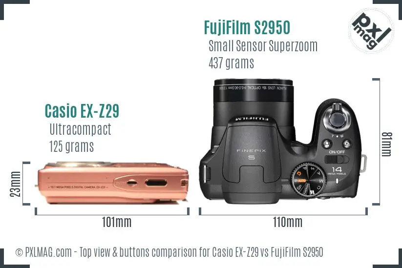 Casio EX-Z29 vs FujiFilm S2950 top view buttons comparison Casio EX-Z29 vs FujiFilm S2950 top view buttons comparison