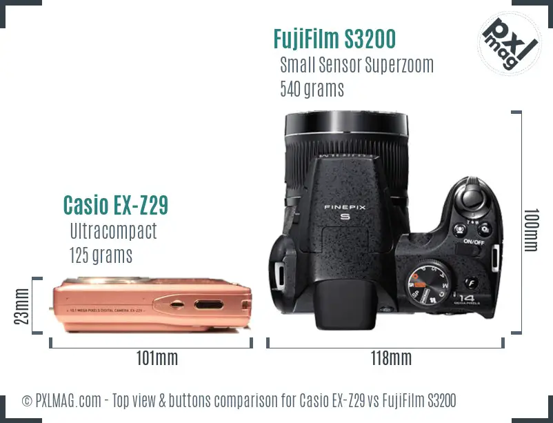 Casio EX-Z29 vs FujiFilm S3200 top view buttons comparison