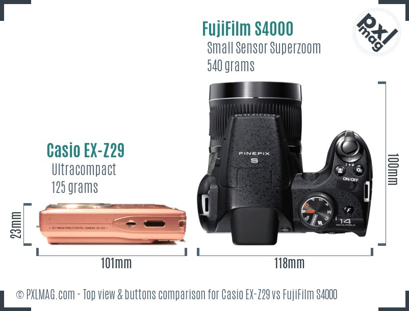 Casio EX-Z29 vs FujiFilm S4000 top view buttons comparison