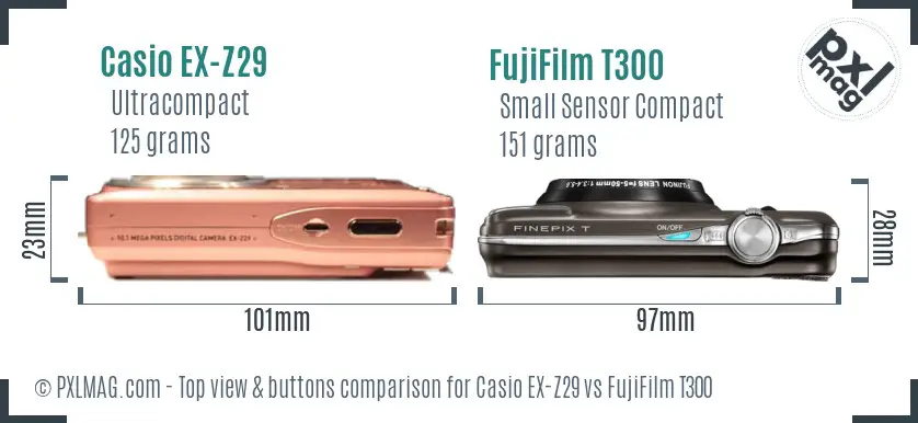Casio EX-Z29 vs FujiFilm T300 top view buttons comparison Casio EX-Z29 vs FujiFilm T300 top view buttons comparison