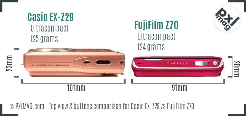 Casio EX-Z29 vs FujiFilm Z70 top view buttons comparison