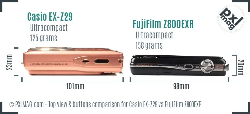 Casio EX-Z29 vs FujiFilm Z800EXR top view buttons comparison Casio EX-Z29 vs FujiFilm Z800EXR top view buttons comparison