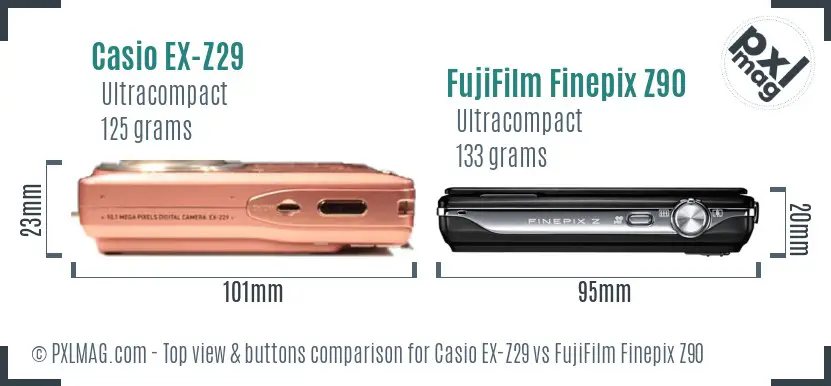 Casio EX-Z29 vs FujiFilm Finepix Z90 top view buttons comparison