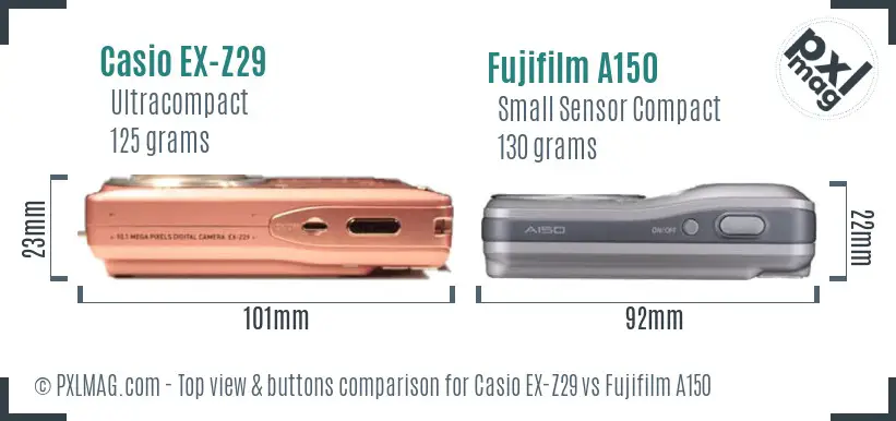 Casio EX-Z29 vs Fujifilm A150 top view buttons comparison