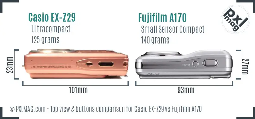 Casio EX-Z29 vs Fujifilm A170 top view buttons comparison Casio EX-Z29 vs Fujifilm A170 top view buttons comparison