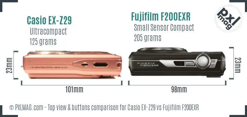 Casio EX-Z29 vs Fujifilm F200EXR top view buttons comparison