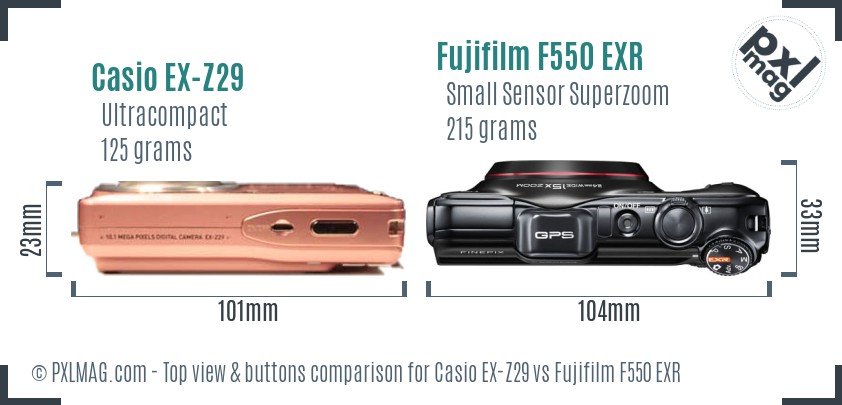 Casio EX-Z29 vs Fujifilm F550 EXR top view buttons comparison
