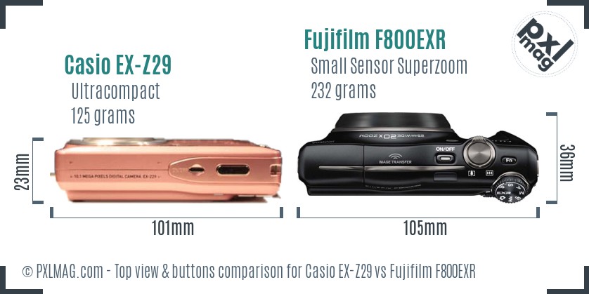 Casio EX-Z29 vs Fujifilm F800EXR top view buttons comparison