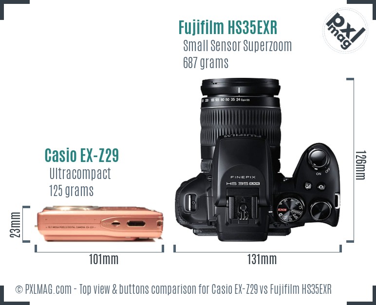 Casio EX-Z29 vs Fujifilm HS35EXR top view buttons comparison