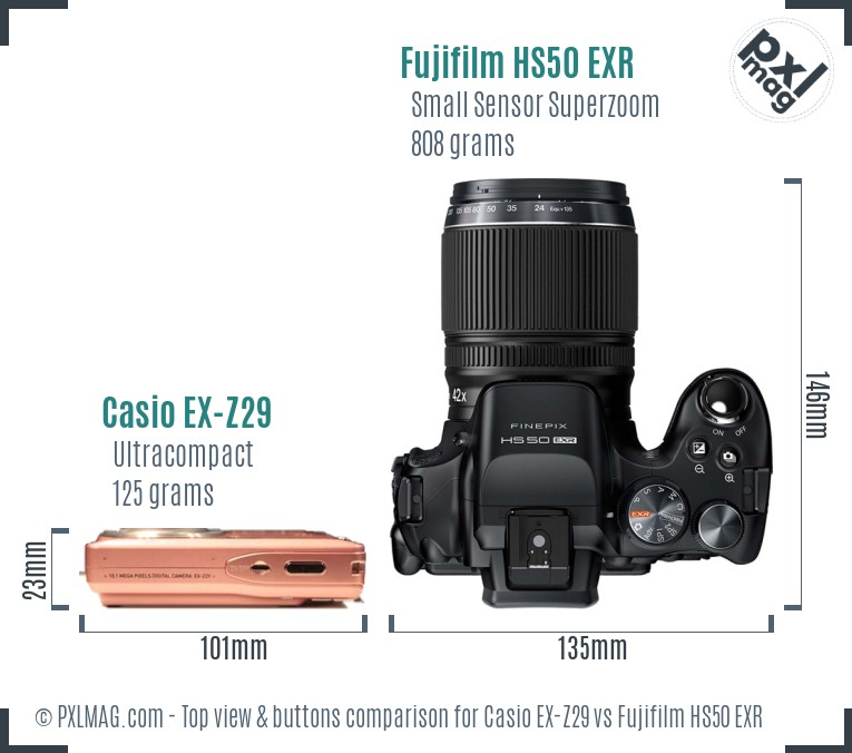 Casio EX-Z29 vs Fujifilm HS50 EXR top view buttons comparison