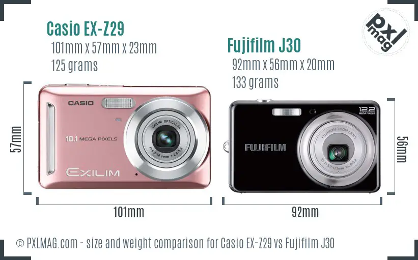 Casio EX-Z29 vs Fujifilm J30 size comparison
