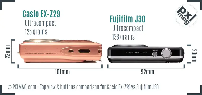 Casio EX-Z29 vs Fujifilm J30 top view buttons comparison