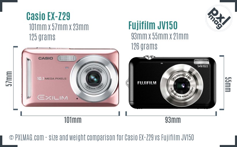 Casio EX-Z29 vs Fujifilm JV150 size comparison