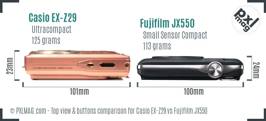 Casio EX-Z29 vs Fujifilm JX550 top view buttons comparison Casio EX-Z29 vs Fujifilm JX550 top view buttons comparison