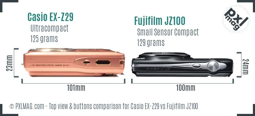 Casio EX-Z29 vs Fujifilm JZ100 top view buttons comparison