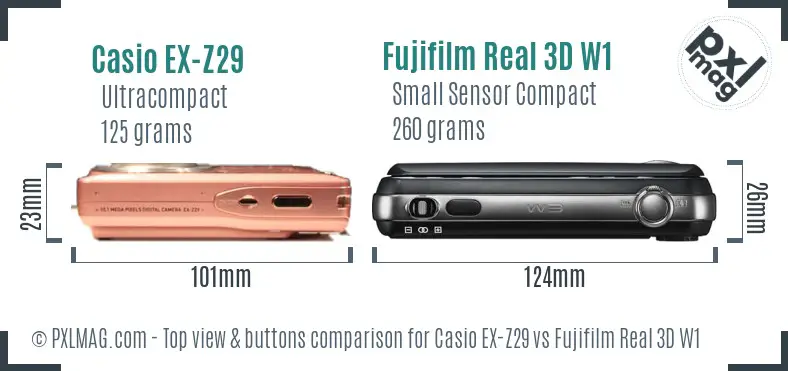 Casio EX-Z29 vs Fujifilm Real 3D W1 top view buttons comparison