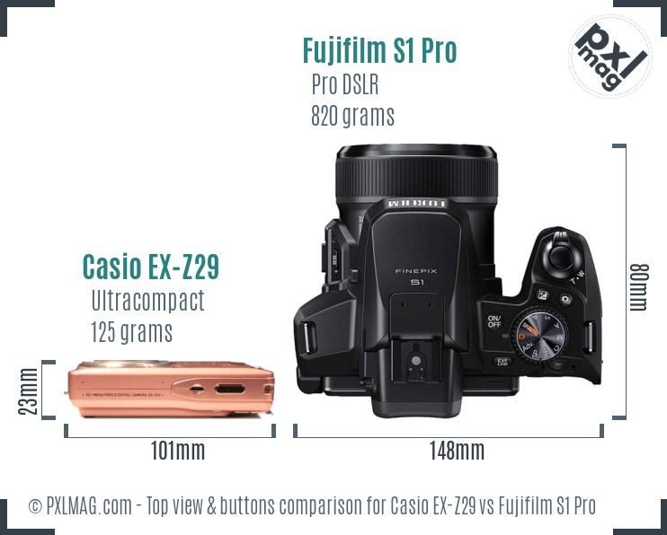 Casio EX-Z29 vs Fujifilm S1 Pro top view buttons comparison