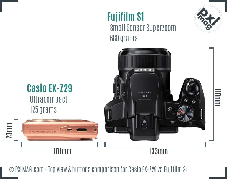 Casio EX-Z29 vs Fujifilm S1 top view buttons comparison