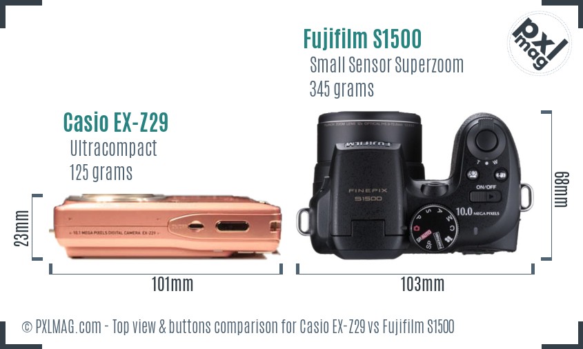 Casio EX-Z29 vs Fujifilm S1500 top view buttons comparison