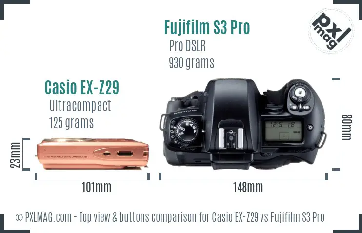 Casio EX-Z29 vs Fujifilm S3 Pro top view buttons comparison Casio EX-Z29 vs Fujifilm S3 Pro top view buttons comparison