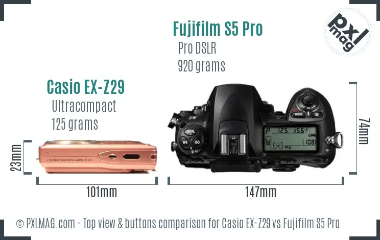 Casio EX-Z29 vs Fujifilm S5 Pro top view buttons comparison