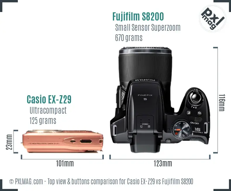 Casio EX-Z29 vs Fujifilm S8200 top view buttons comparison