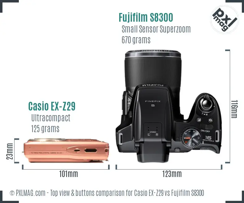 Casio EX-Z29 vs Fujifilm S8300 top view buttons comparison