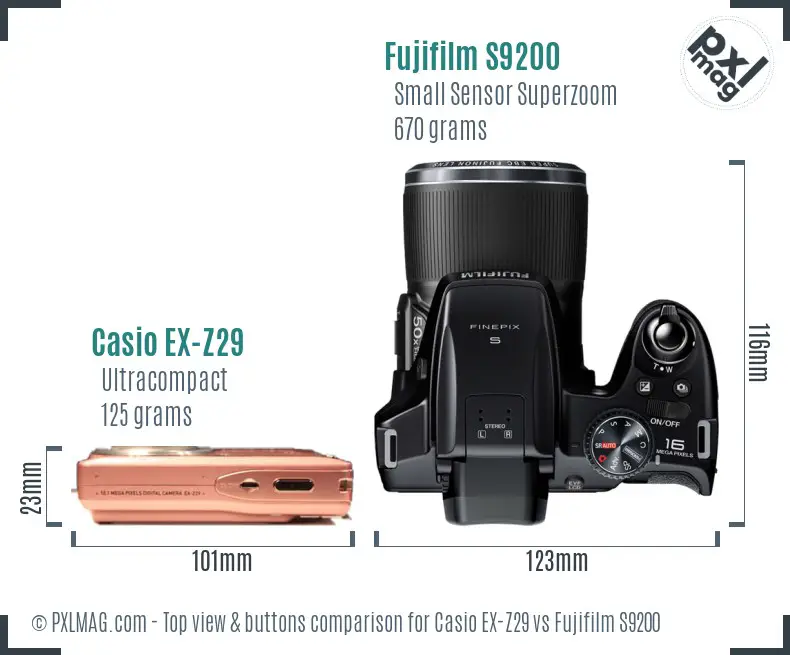 Casio EX-Z29 vs Fujifilm S9200 top view buttons comparison Casio EX-Z29 vs Fujifilm S9200 top view buttons comparison