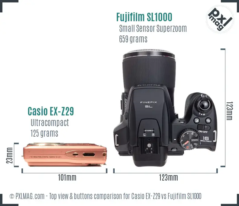 Casio EX-Z29 vs Fujifilm SL1000 top view buttons comparison