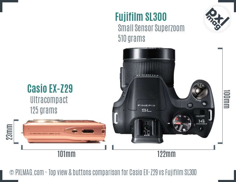 Casio EX-Z29 vs Fujifilm SL300 top view buttons comparison