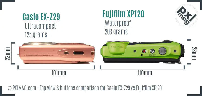 Casio EX-Z29 vs Fujifilm XP120 top view buttons comparison Casio EX-Z29 vs Fujifilm XP120 top view buttons comparison
