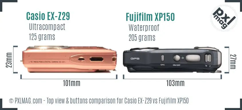 Casio EX-Z29 vs Fujifilm XP150 top view buttons comparison
